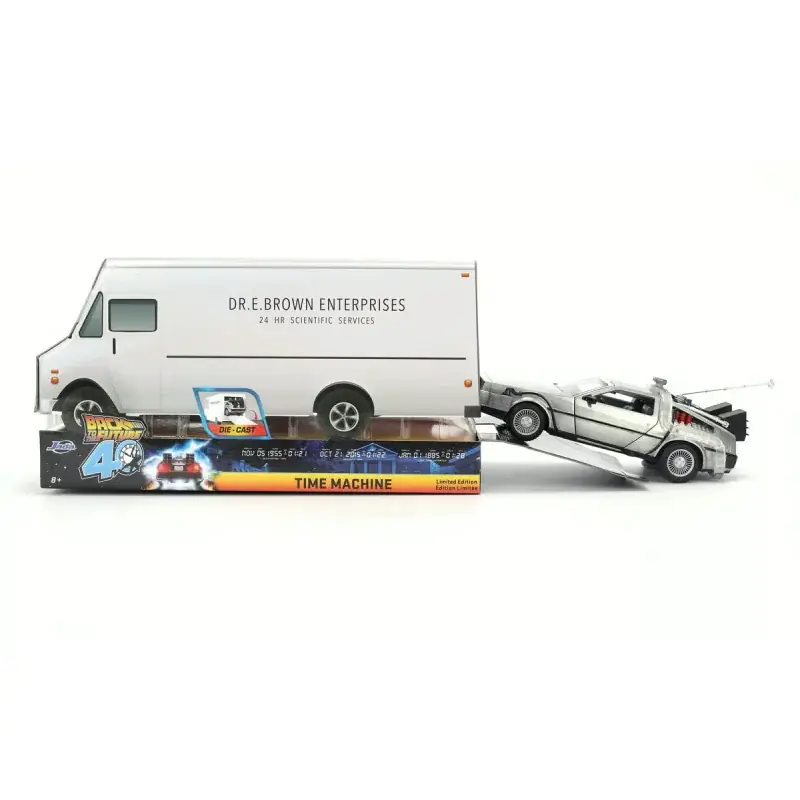 Achat Immédiat Back to the Future DeLorean with Truck Dr. E. Brown Enterprises Packaging Jada Toys 1/24